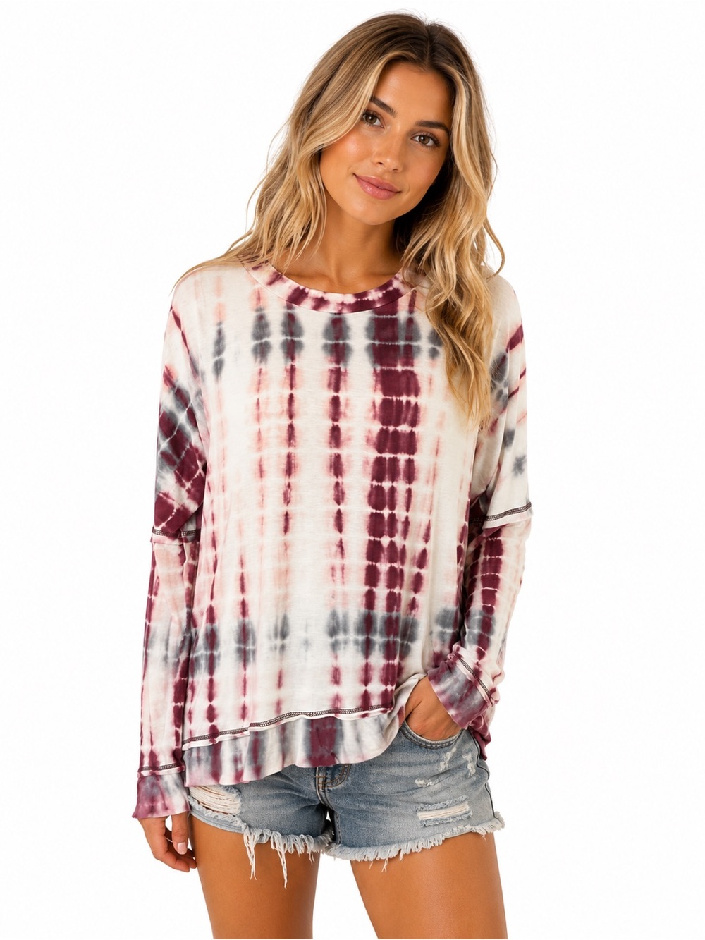 Kelly Renee Tie Dye Long Sleeve Top Medium Oversized Burgundy Gray Bamboo Soft